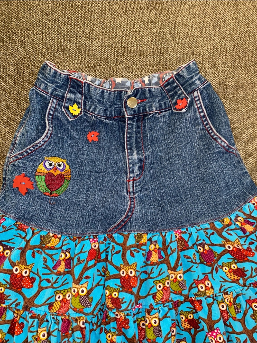 SO 4th adorable Jean twill owl pattern twirl dress so CUTE!! Girls L 10/12 - Picture 3 of 9